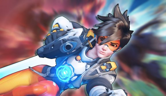 Best FPS games: Tracer from Overwatch dashing to the right, set against a blurred background of the game.