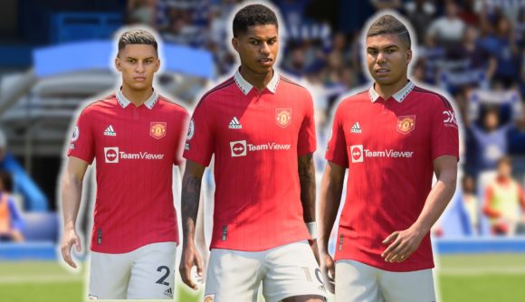 FC 24 Man United ratings: Antony, Rashford, and Casemiro in the red shirt of Manchester United with a blurred stadium behind them