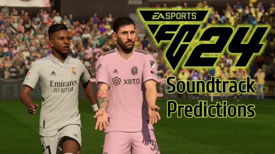 FC 24 soundtrack: Rodrygo in a white Real Madrid shirt and Messi in a pink Inter Miami shirt next to a black and green version of the EA Sports FC 24 logo